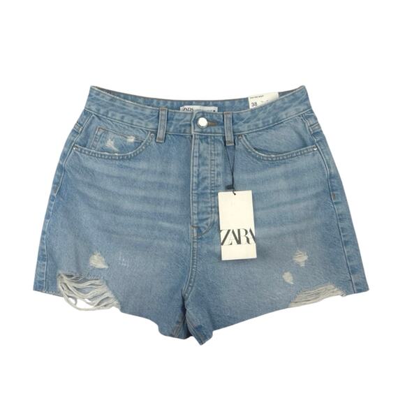 NEW Zara Blue High Rise Distressed Cut Off Raw Hem Stretch Denim Jeans Shorts 6 - Picture 1 of 3